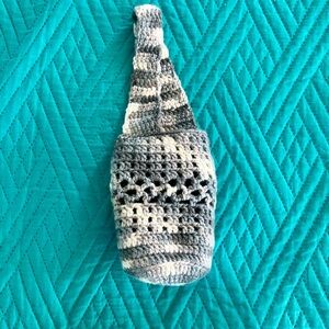Handmade Crochet Gray and White Bottle Holder; Comes with Neoprene Koozie